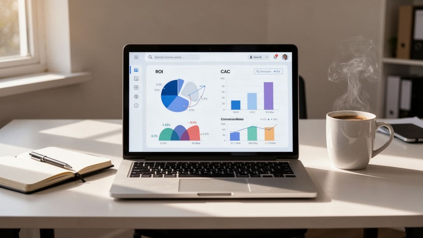 Clean modern dashboard on a laptop screen displaying simple charts for ROI percentage, CLV value, CAC cost, and conversion rate bars, set on an office desk with notebook and coffee mug nearby under soft natural lighting.