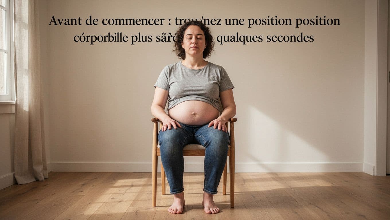 A single person sits calmly in a simple chair with feet flat on the floor, shoulders dropped, hands on thighs, eyes closed, and relaxed belly in a neutral indoor setting with soft light.