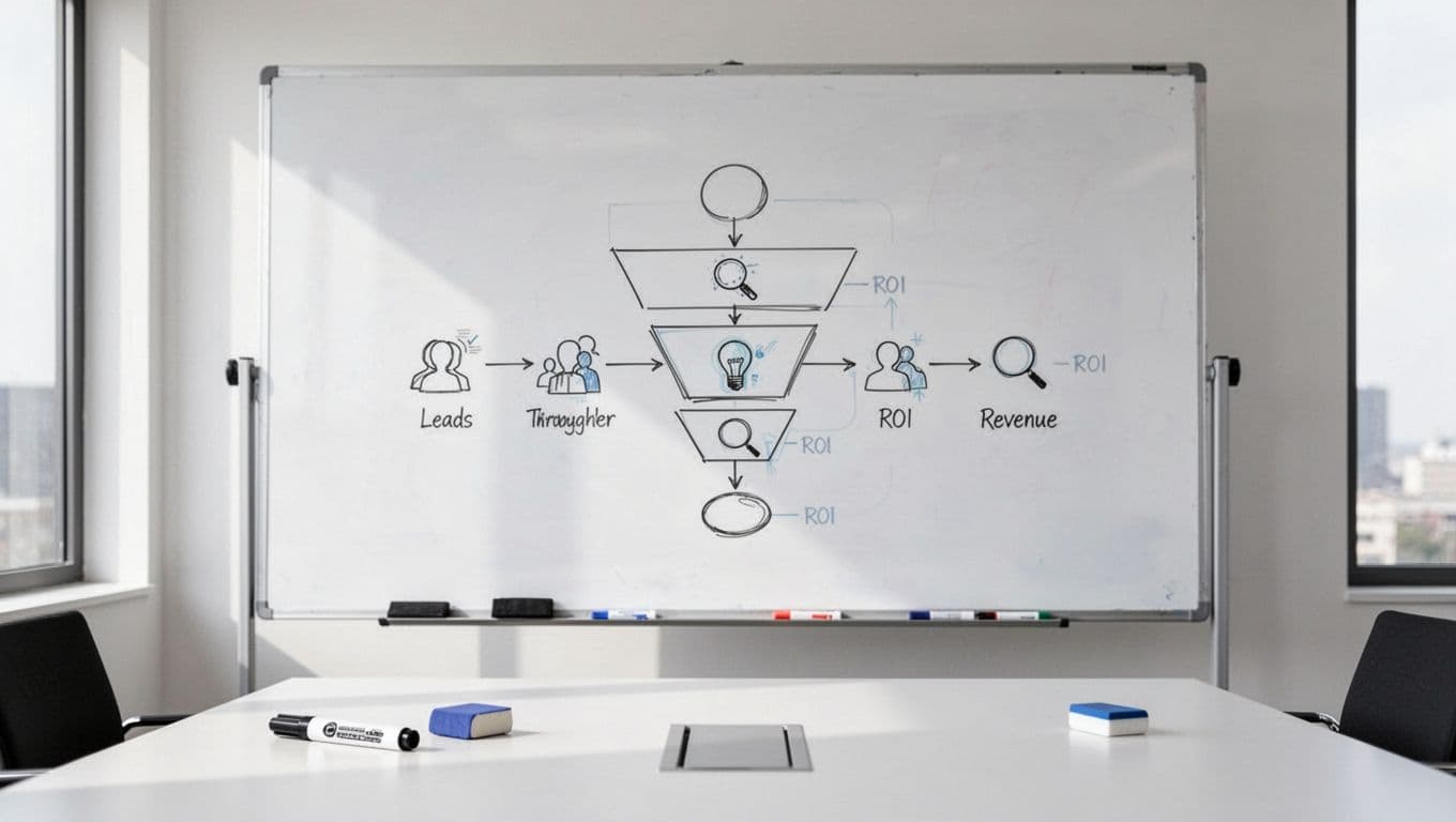 Visual flowchart on a conference room whiteboard illustrating sales funnel stages from leads to revenue with ROI annotations, using clean lines and icons. Bright meeting room setting with marker and eraser nearby, no people, text, or extra objects.