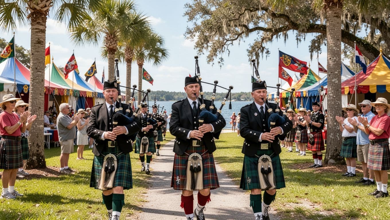 Highland Festival Mount Dora: A Local's Guide to the Scottish Weekend (February 2026) 1 Lively Scottish Highland festival in a sunny lakeside park with Florida style elements, featuring two bagpipers in traditional kilts marching on a grass path near palm and oak trees, with one spectator clapping and colorful clan tents in the background.