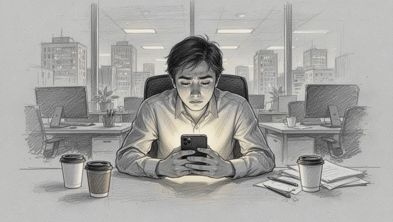 Hand-drawn graphite sketch on light gray paper showing a young professional slouched at an urban office desk, tired expression from screen time with phone in hand, screen glow on face, scattered coffee cups, and shoulder tension.