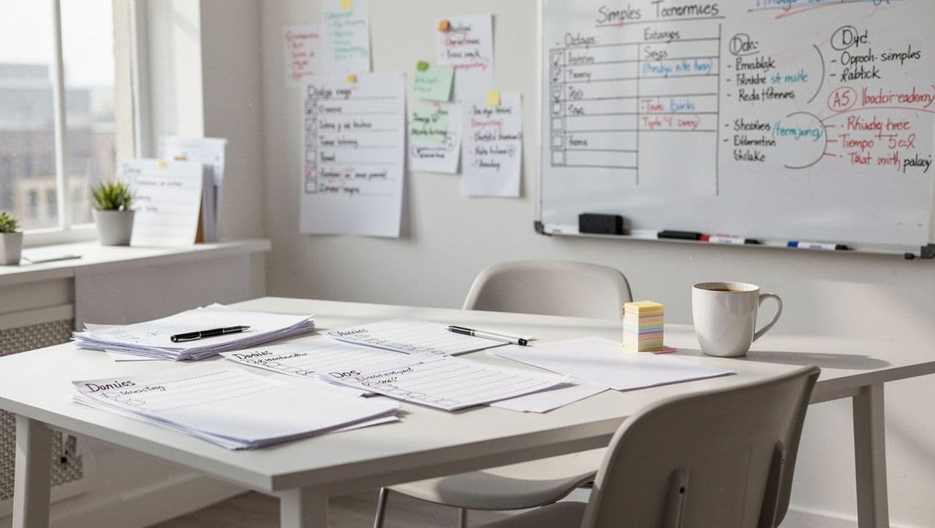 A clean, photorealistic office workspace features paper to-do lists, whiteboard notes, a coffee mug, and an empty chair in a bright environment with soft natural light, emphasizing analog productivity without prominent screens or devices.