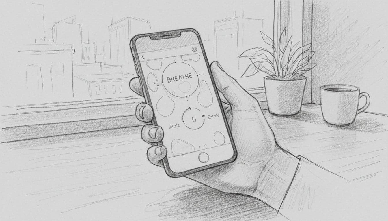 Hand-drawn sketch of a smartphone held in one relaxed hand on an urban desk table, showing a locked app interface with breathing prompt overlay. Graphite linework with light shading on clean light gray paper background, minimal details, no text or extra objects.