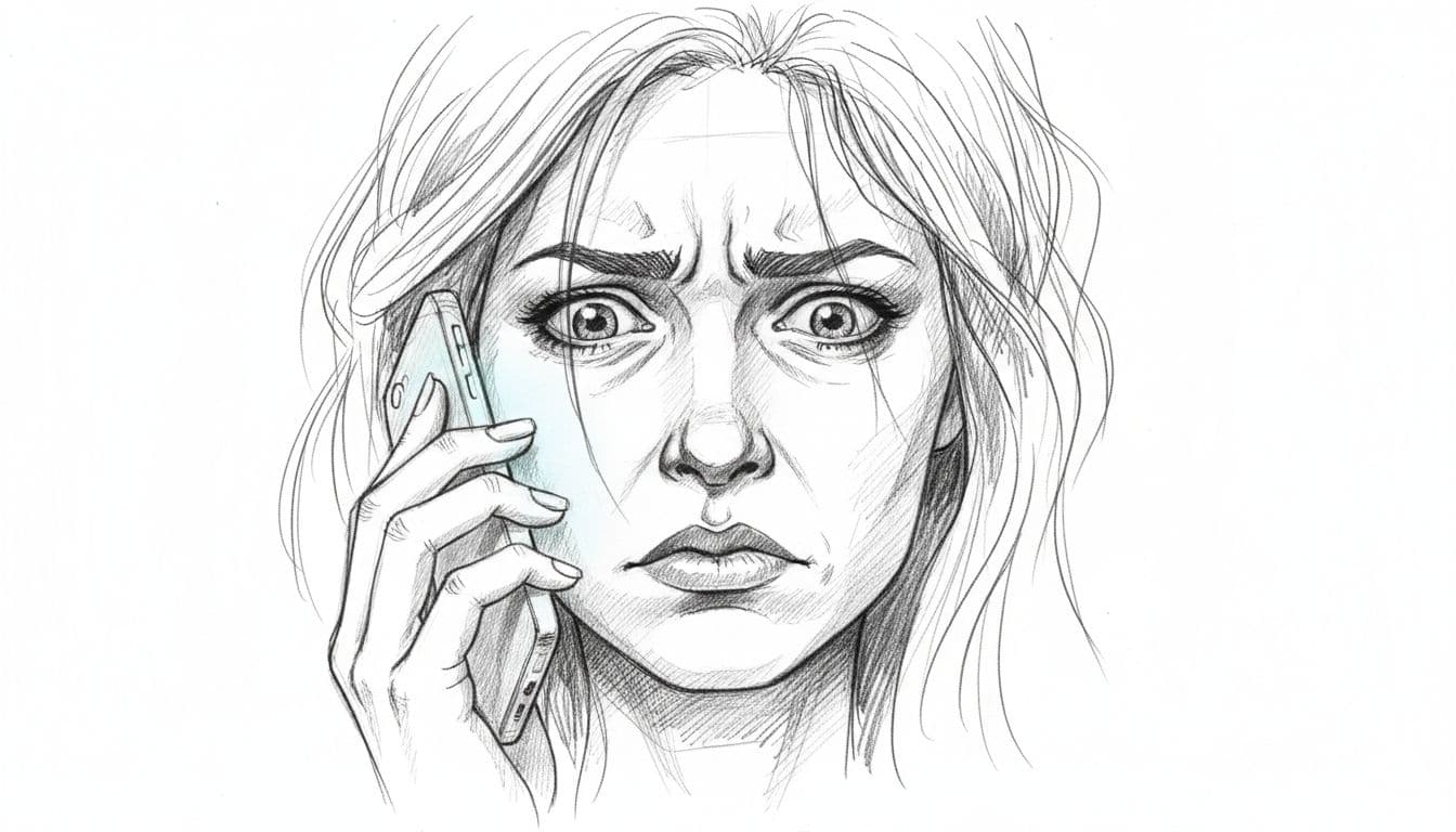 Series of three hand-drawn sketches depicting progression from stressed face holding phone, to calm breathing, to relaxed focus after screen time pause. Graphite linework with light shading on white paper background.