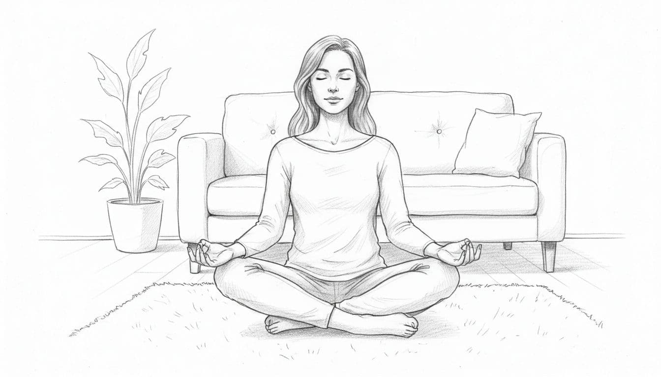 Hand-drawn graphite sketch of one person sitting on the floor in a calm living room, eyes closed, hands on knees, in deep breathing relaxed posture with light shading on clean white paper background.