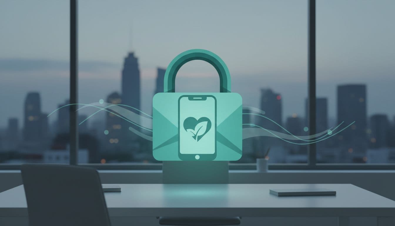 Modern illustration of a secure lock safeguarding a smartphone wellness app icon, with subtle calm waves for breathing exercises in an office setting featuring a faint Mexico City skyline.