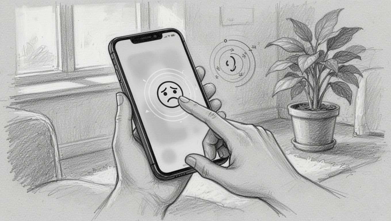 A hand holds a smartphone at an angle, tapping a stressed face mood icon while a simple breathing guide circle expands nearby. Hand-drawn graphite sketch in a cozy home setting with a plant, focused on phone interaction.