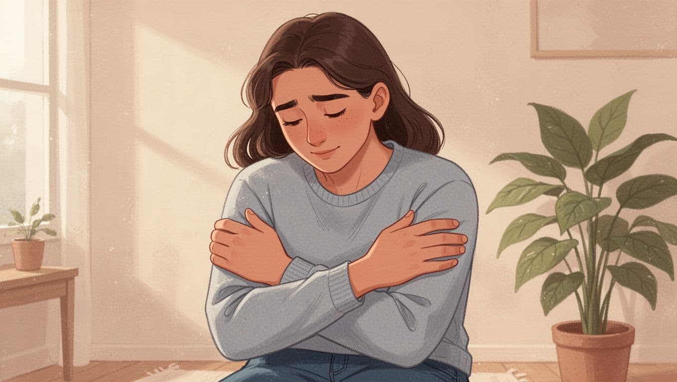Young adult in casual clothes gently hugging themselves with crossed arms, soft compassionate gaze downward in a cozy room with plant.