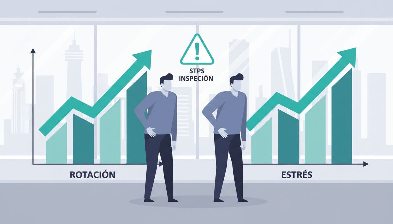 Ilustración moderna con gráficos ascendentes de rotación y estrés, dos personas tensas en oficina tech de Ciudad de México mirando preocupadas una inspección STPS, iconos de warning centrales y colores controlados con acento teal.