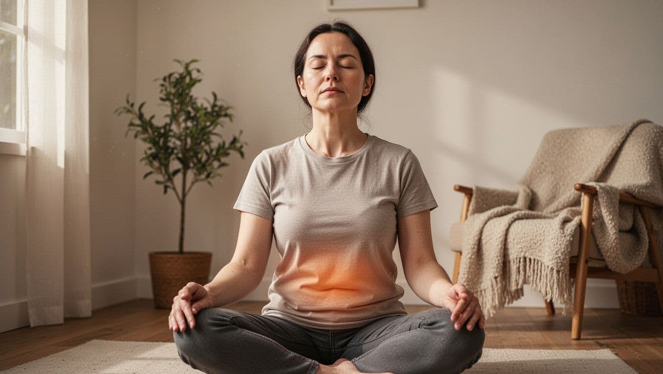 A serene adult person sits with eyes closed in a quiet room, practicing calm breathwork with relaxed posture and gentle abdominal breathing, soft natural light filtering through a window.