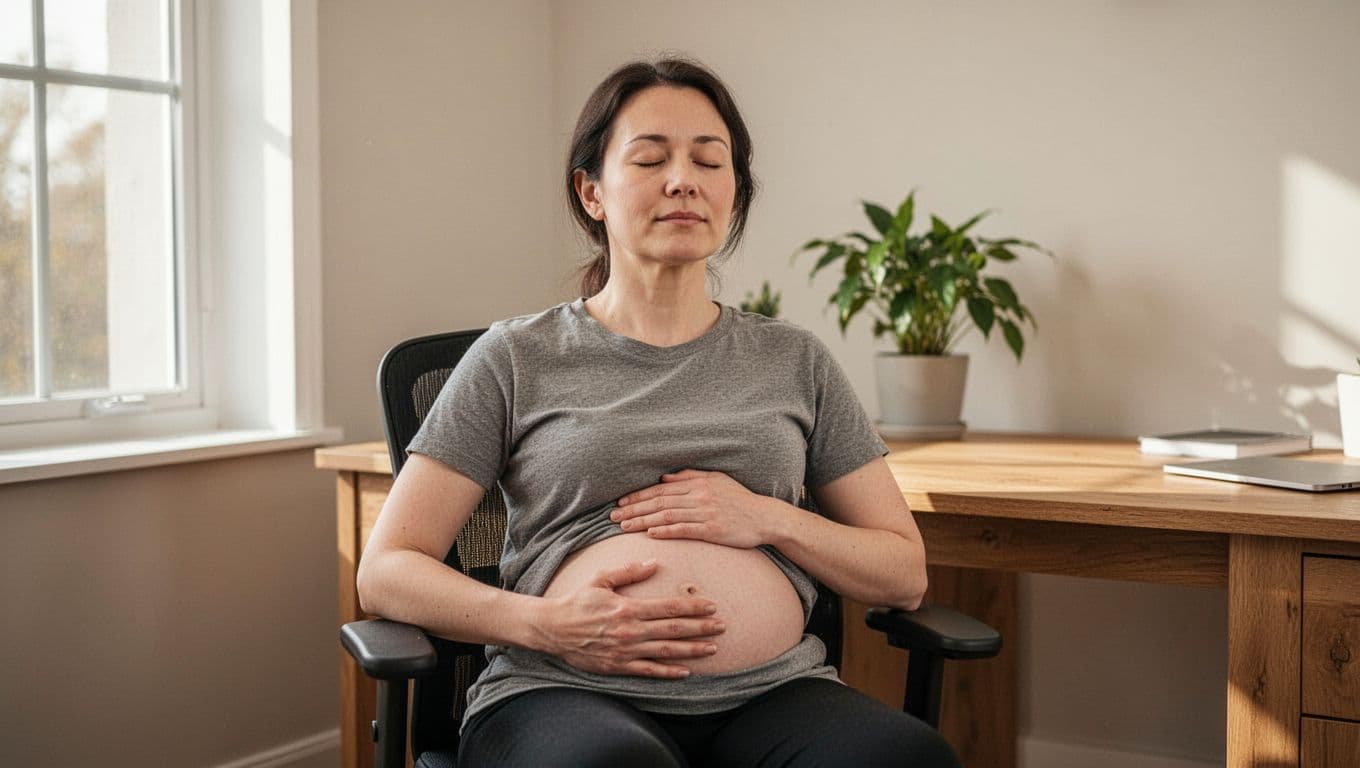 A single person practices box breathing in a quiet daytime home office, hands on belly, eyes closed, relaxed posture, with soft natural light and simple background.