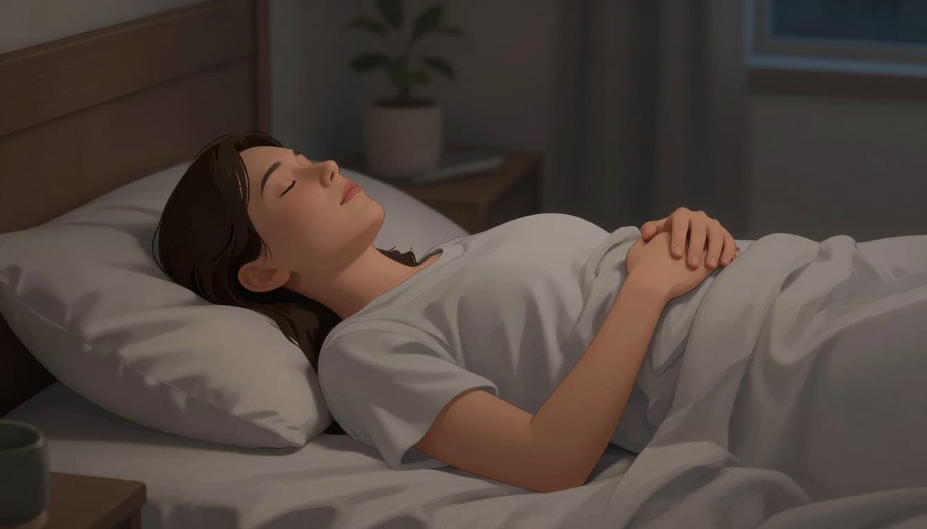 A person lies in bed practicing a breathing exercise with eyes closed and a calm face, hands resting on their stomach, in a peaceful nighttime bedroom with soft ambient lighting.
