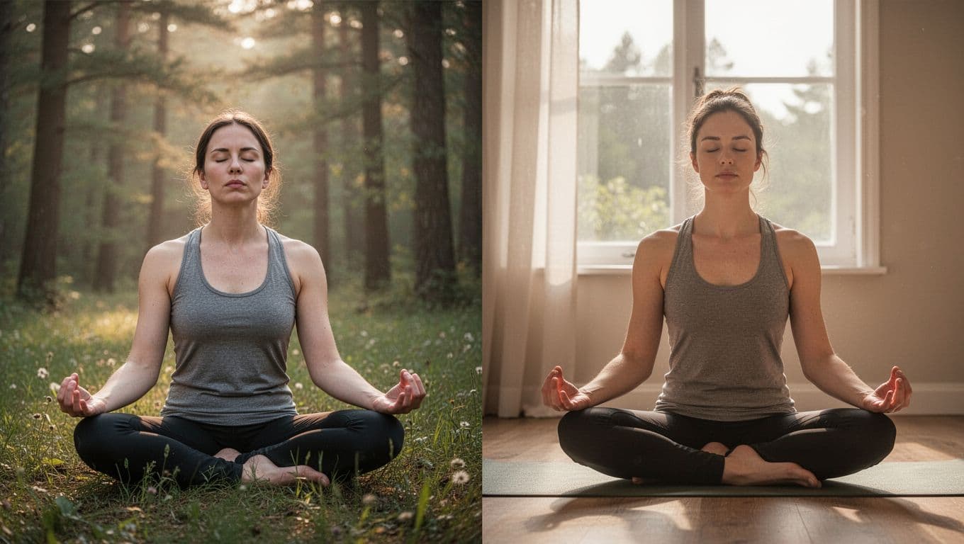 A serene split-image landscape composition showing breathwork in a peaceful forest clearing at dawn on the left and meditation indoors by a window on the right, with realistic details emphasizing tranquility and harmony.