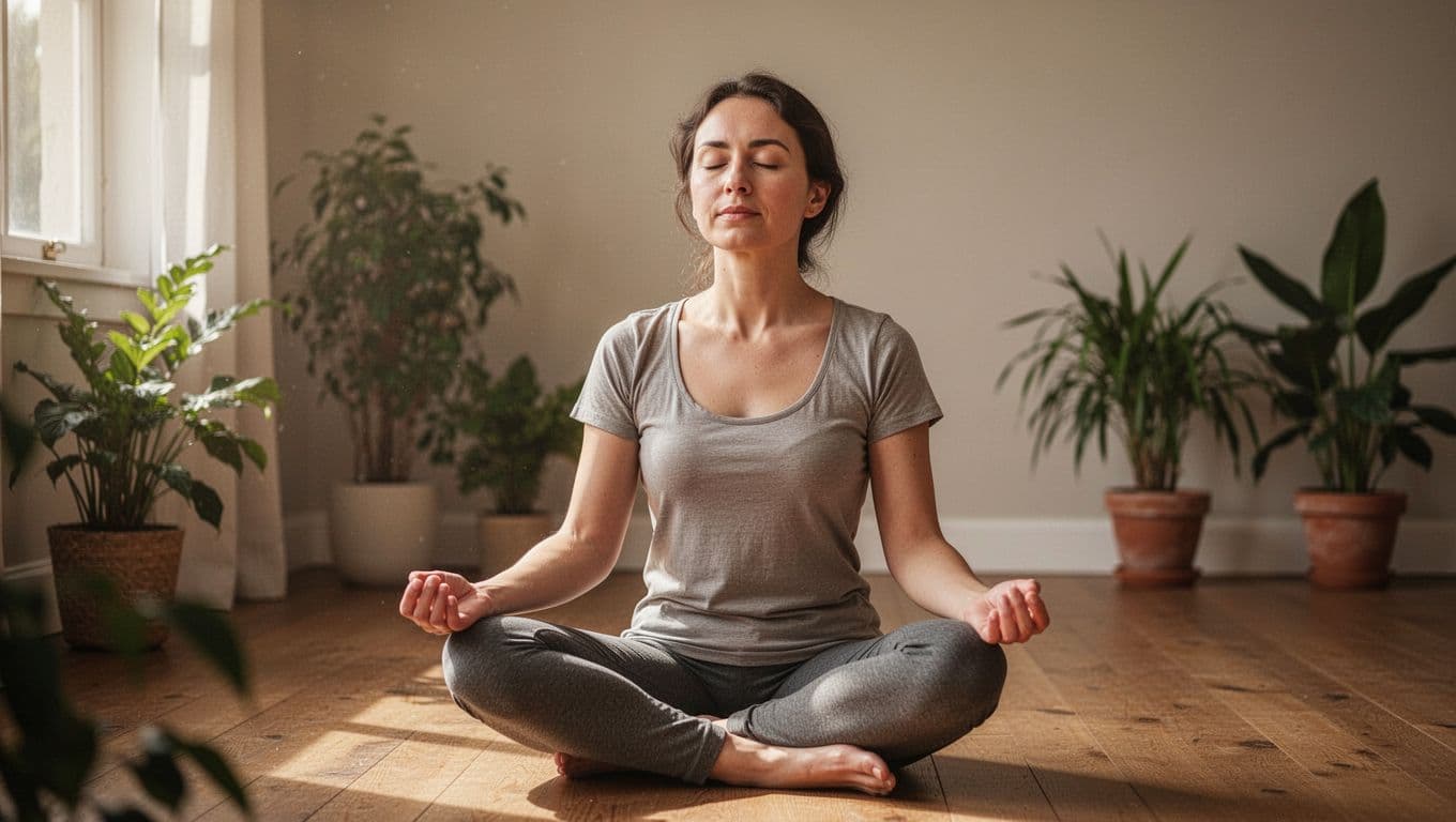A single person sits comfortably in a quiet room with soft natural light filtering through a window, eyes closed and hands on knees, practicing calm breathwork. The minimal background features plants and a wooden floor, enhancing the peaceful mood in realistic style with warm tones.
