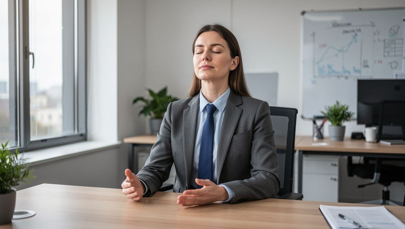 A professional in business attire sits calmly at a desk in a modern office, eyes closed in a breathing exercise, hands relaxed on lap, with soft natural light from a window creating a serene atmosphere.