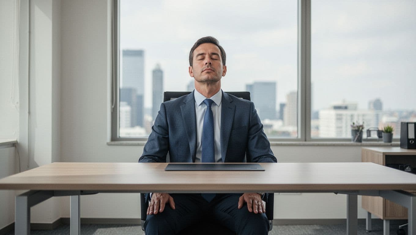 Photorealistic image of a male executive in a modern office, seated upright at desk with eyes closed, hands relaxed on thighs, calm serene face during slow deep breathing, natural window light, focus on face and upper torso.