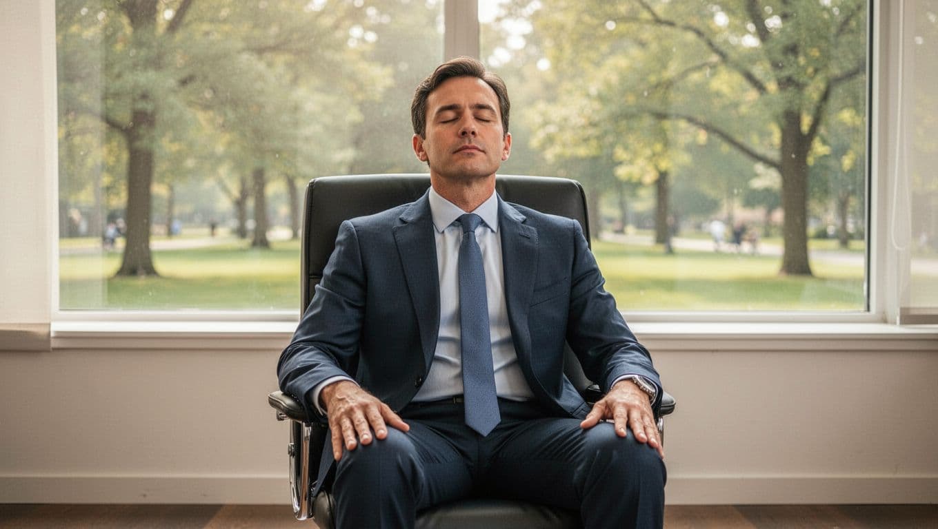 A calm CEO sits comfortably in an office chair performing a guided breathing exercise, eyes closed, hands relaxed on knees, with subtle chest movement indicating deep breaths, set against a bright window overlooking a park in soft morning light.