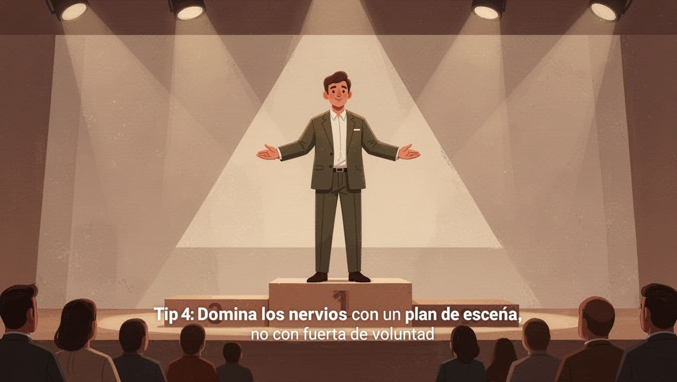 Modern illustration of a person on a podium with firm posture, relaxed shoulders, and serene expression, gazing at the audience in a triangular formation from a low angle, using clean shapes and earth tones in a simple conference scene.