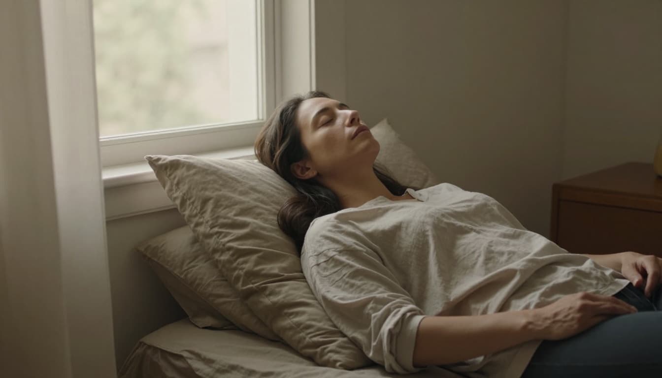 A serene adult sits cross-legged in a tranquil, luminous room, eyes closed, hands on knees, practicing deep calm breathing. Soft natural light from a window enhances the relaxed, peaceful atmosphere with focus on the tranquil facial expression and posture.