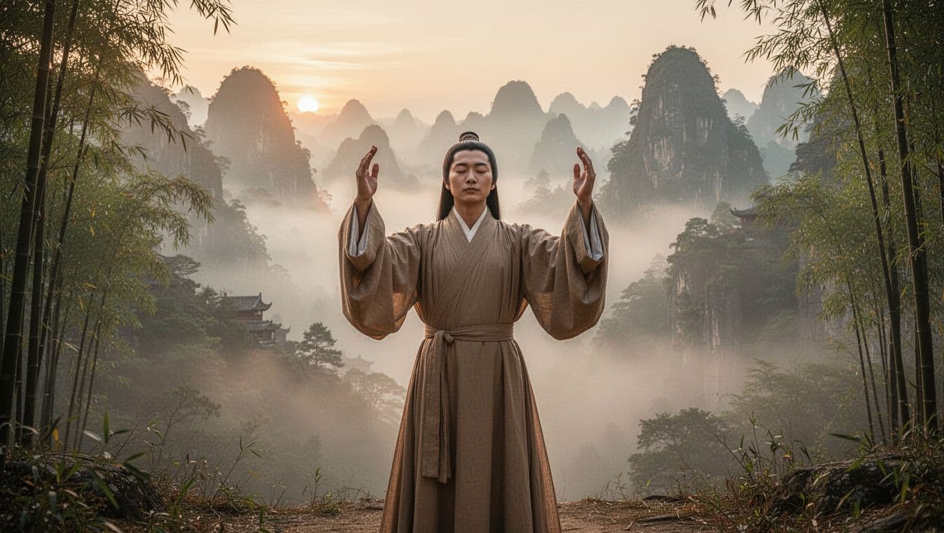 A single Daoist practitioner in flowing earth-tone robes performs a gentle qigong breathing pose with arms curved upward and palms facing each other, eyes closed in serenity. Set against a misty ancient Chinese mountain landscape at dawn with layered peaks, bamboo groves, soft fog, and warm golden light in realistic historical style.