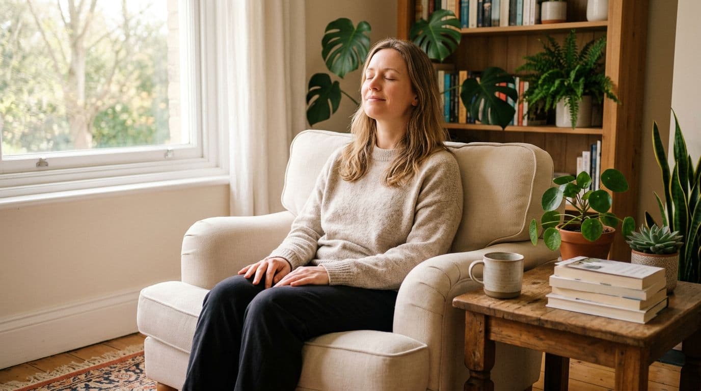 A person in a comfortable home setting takes a deep calm breath with eyes closed peacefully, hands resting on lap, surrounded by soft natural light, plants, and a book on the side table.
