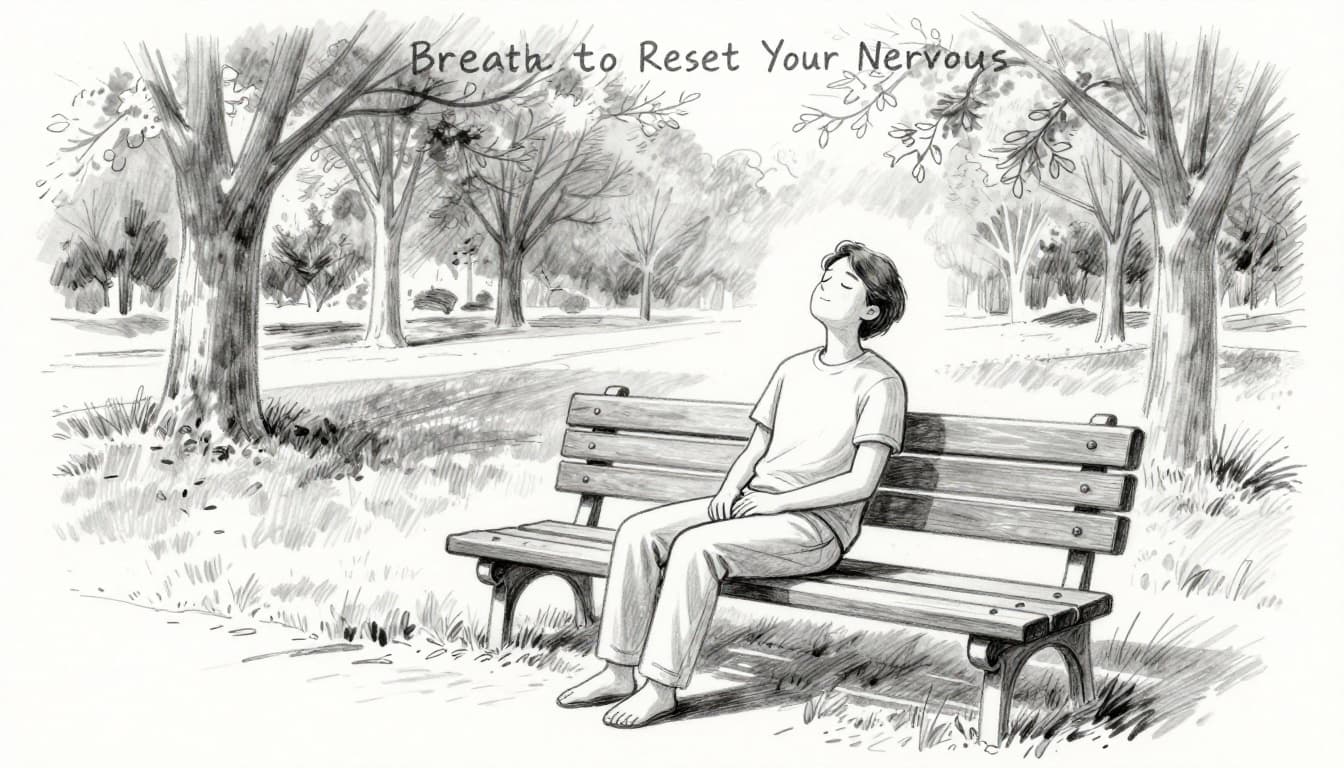 Hand-drawn graphite sketch of a single person sitting calmly outdoors on a park bench, eyes closed in deep breath, relaxed posture with hands on lap, trees and path in background, light shading on light gray paper.