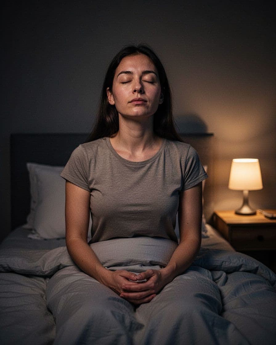 A person sits calmly on a bed in a dimly lit room with soft bedside light, eyes closed practicing deep breathing, hands relaxed in lap, for a peaceful nighttime wind-down routine.