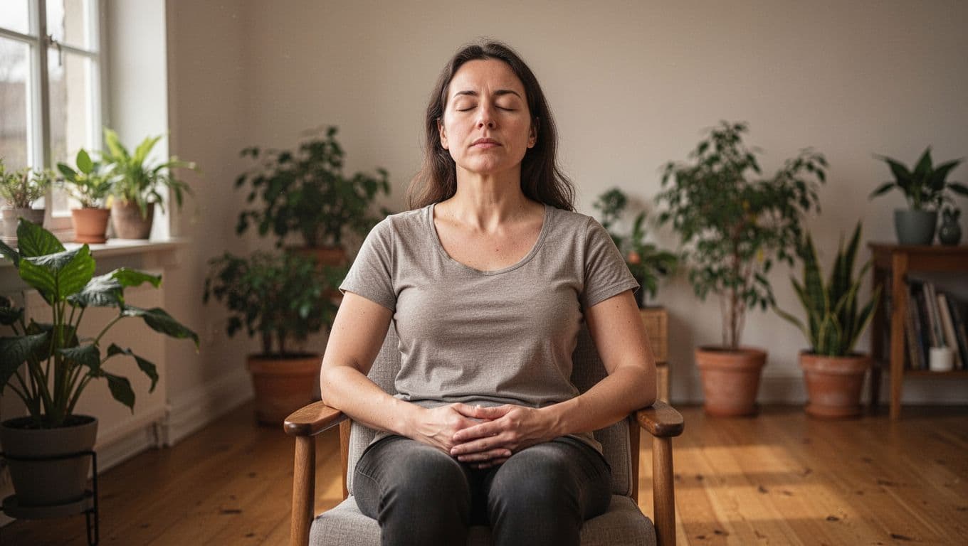 A person sits comfortably on a chair with eyes closed and hands on lap, practicing deep breathwork in a cozy indoor room with soft natural light, plants, and wooden floor.