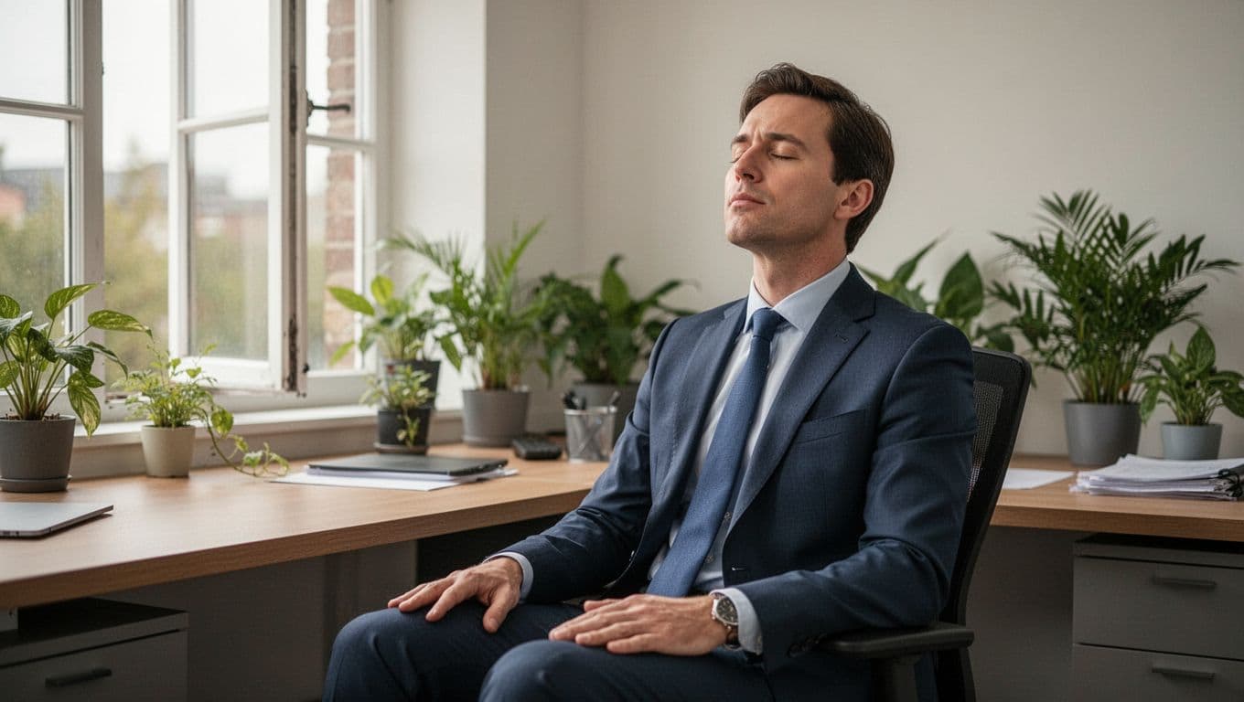 A calm executive sits at a desk in an office setting, eyes closed and hands relaxed on lap, enjoying a short breathing break amid soft natural light and simple background with plants and open window.