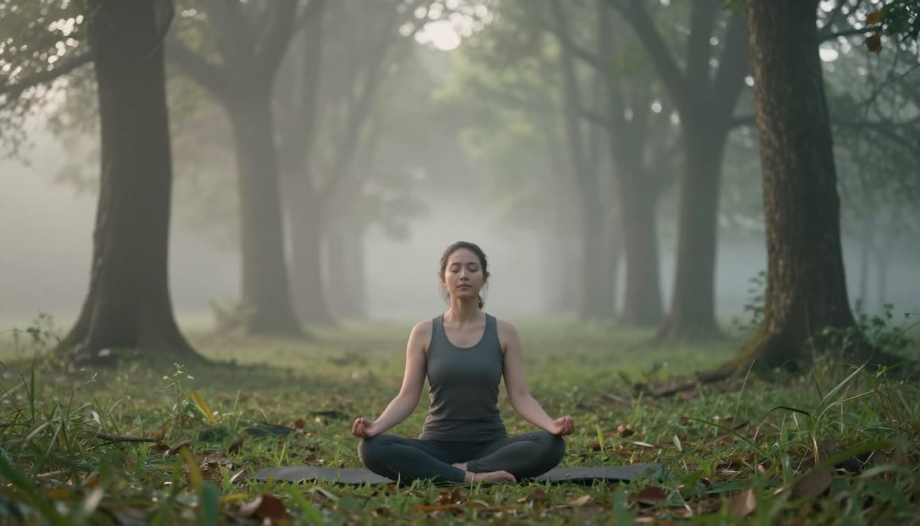 A single person sits cross-legged in a peaceful forest clearing at dawn, practicing breathwork with hands on knees, eyes closed, and relaxed posture, surrounded by soft morning light filtering through trees and a blurred misty background.