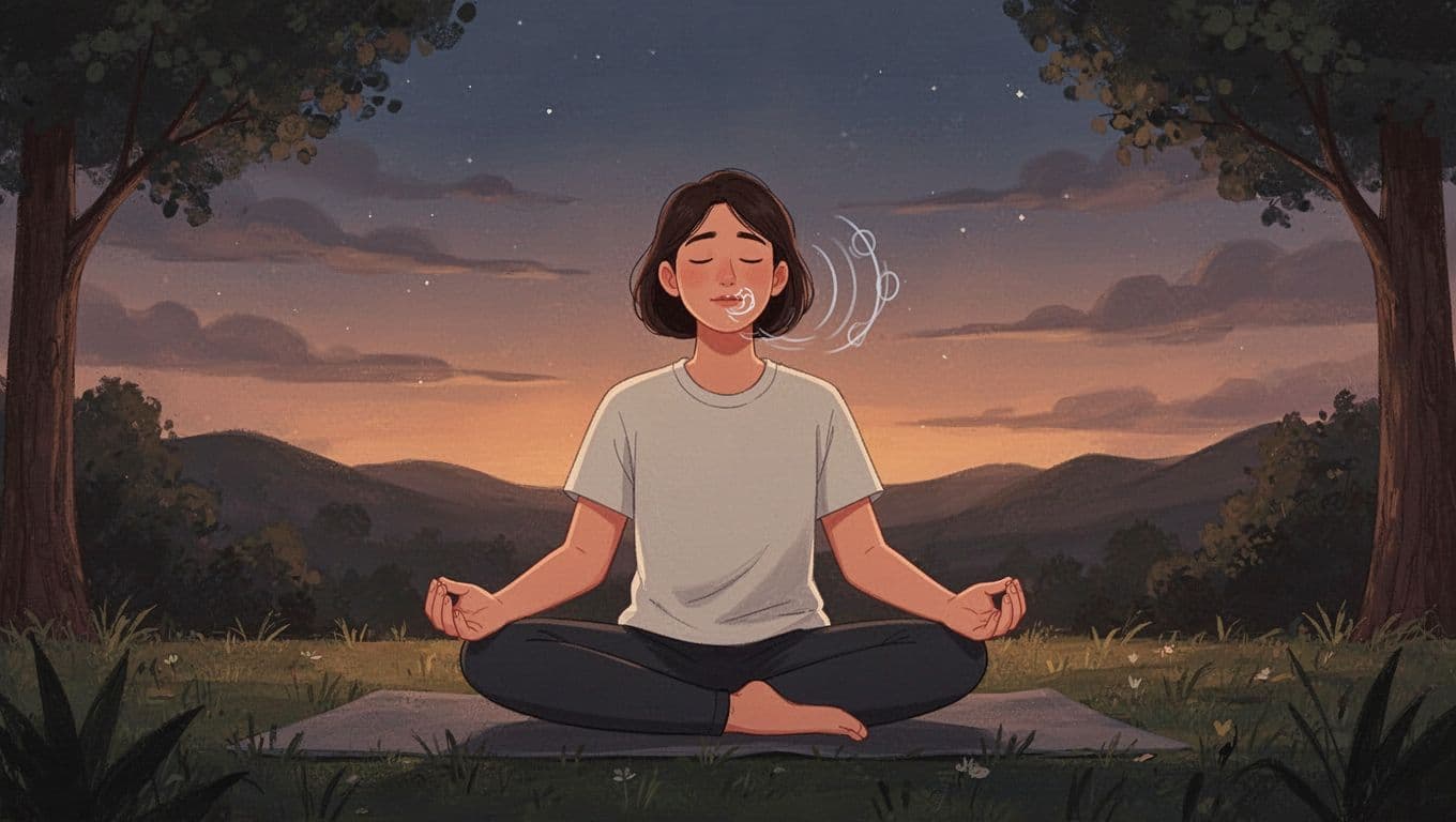 A serene scene of a person doing guided breathing exercise outdoors at dusk, relaxed posture, hands resting naturally, subtle breathing motion implied. Modern illustration style with clean shapes, controlled warm tones, strong composition centered on figure, no text, exactly one person.