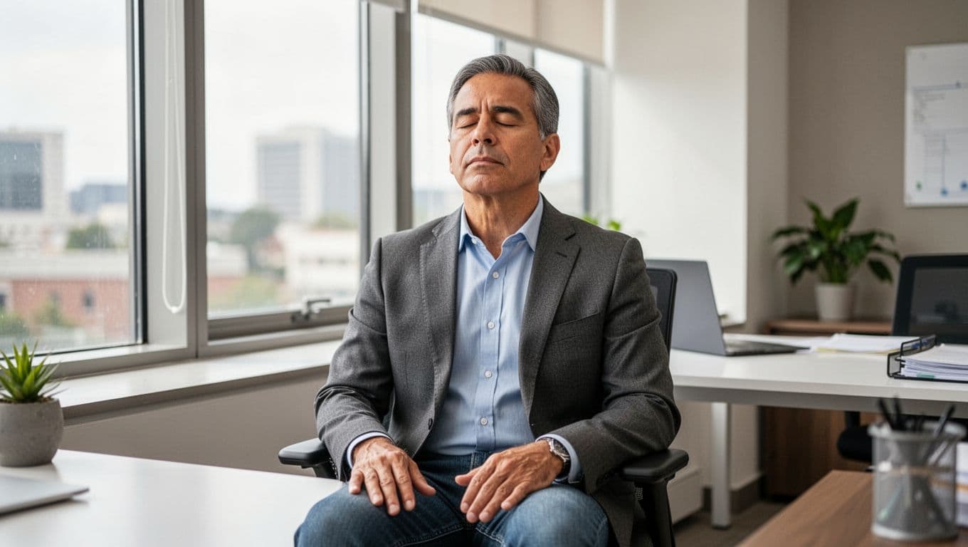 A middle-aged Hispanic business executive sits at a clean modern office desk with eyes gently closed, practicing slow resonant breathing in a relaxed posture, illuminated by soft natural daylight.