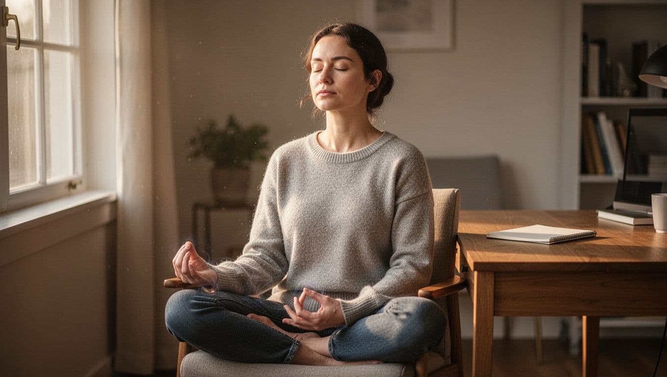 A calm person sits cross-legged on a chair in a quiet home office with eyes closed in focused meditation, illuminated by soft afternoon light from a side window. A simple wooden desk with a notebook sits nearby, emphasizing tranquility and no distractions.