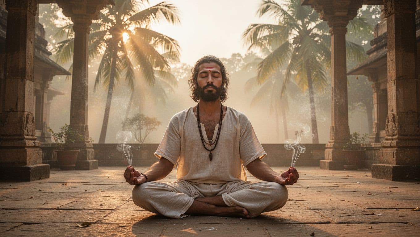 A photorealistic depiction of a serene ancient Indian yogi sitting cross-legged in a tranquil temple courtyard at dawn, practicing pranayama breath control with hands in mudra on knees, bathed in soft golden sunlight filtering through palm trees amid misty incense smoke.