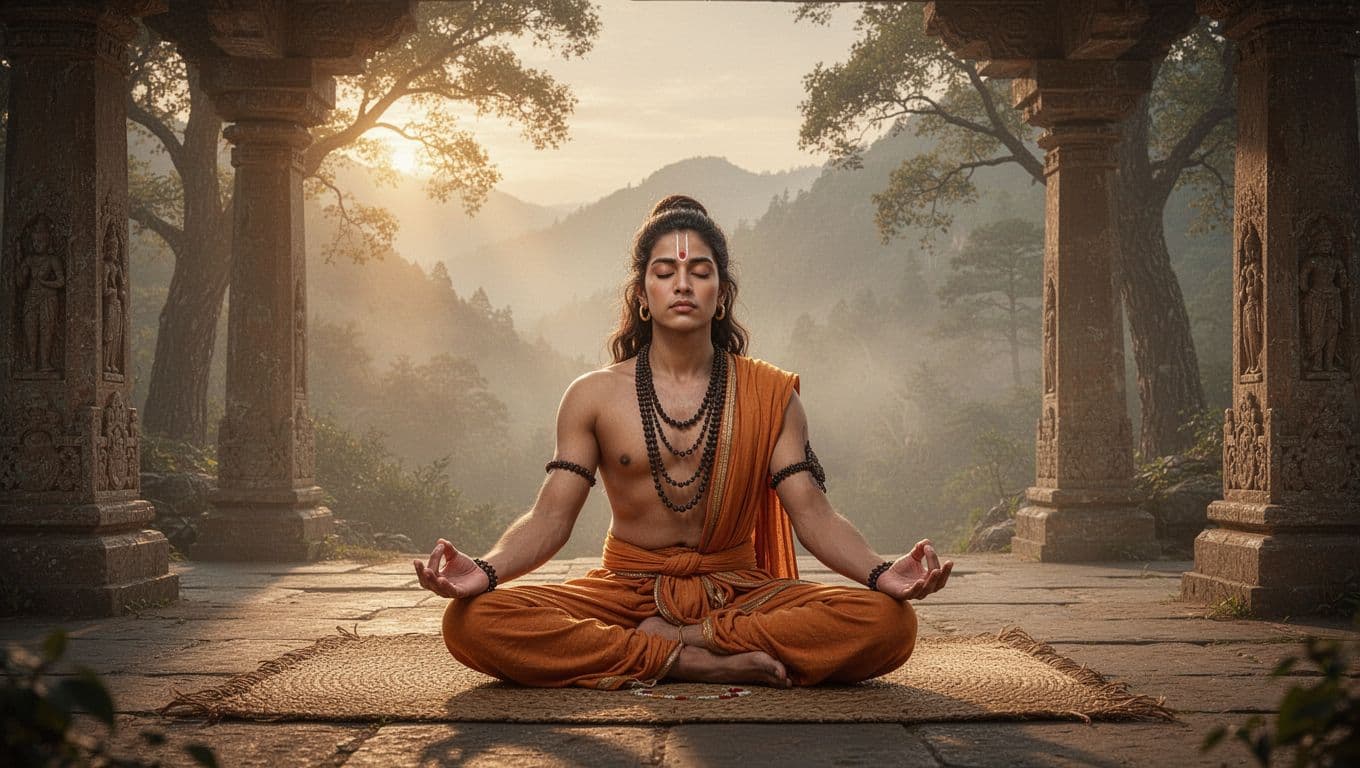A serene ancient Indian yogi sits in lotus position on a woven mat in a misty mountain temple at dawn, practicing pranayama with hands in mudra, bathed in soft golden sunlight filtering through trees.