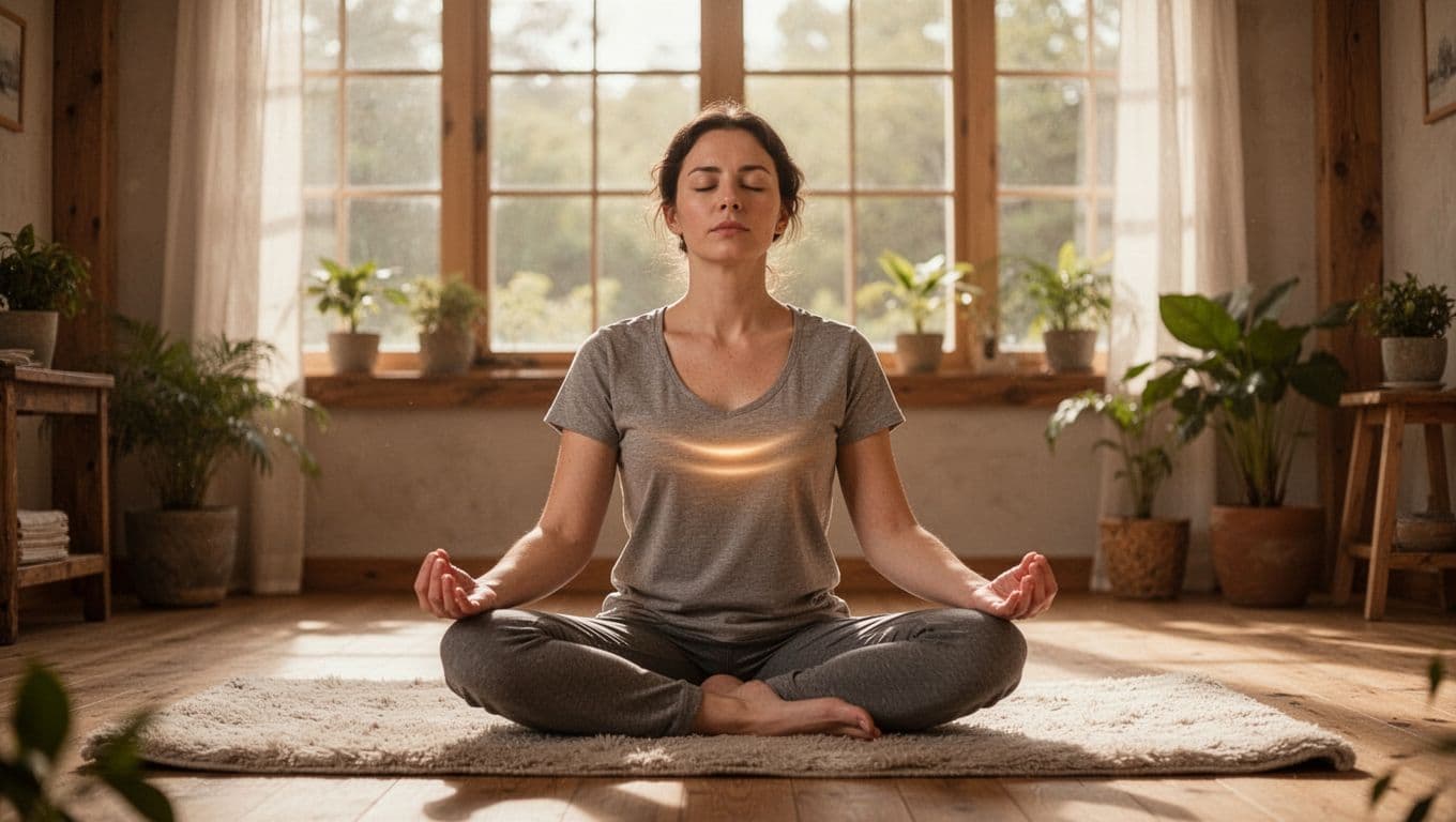 A single person sits cross-legged on a soft mat in a peaceful room, eyes closed, focusing on deep calm breathing with natural light through large windows and subtle plants in the background.
