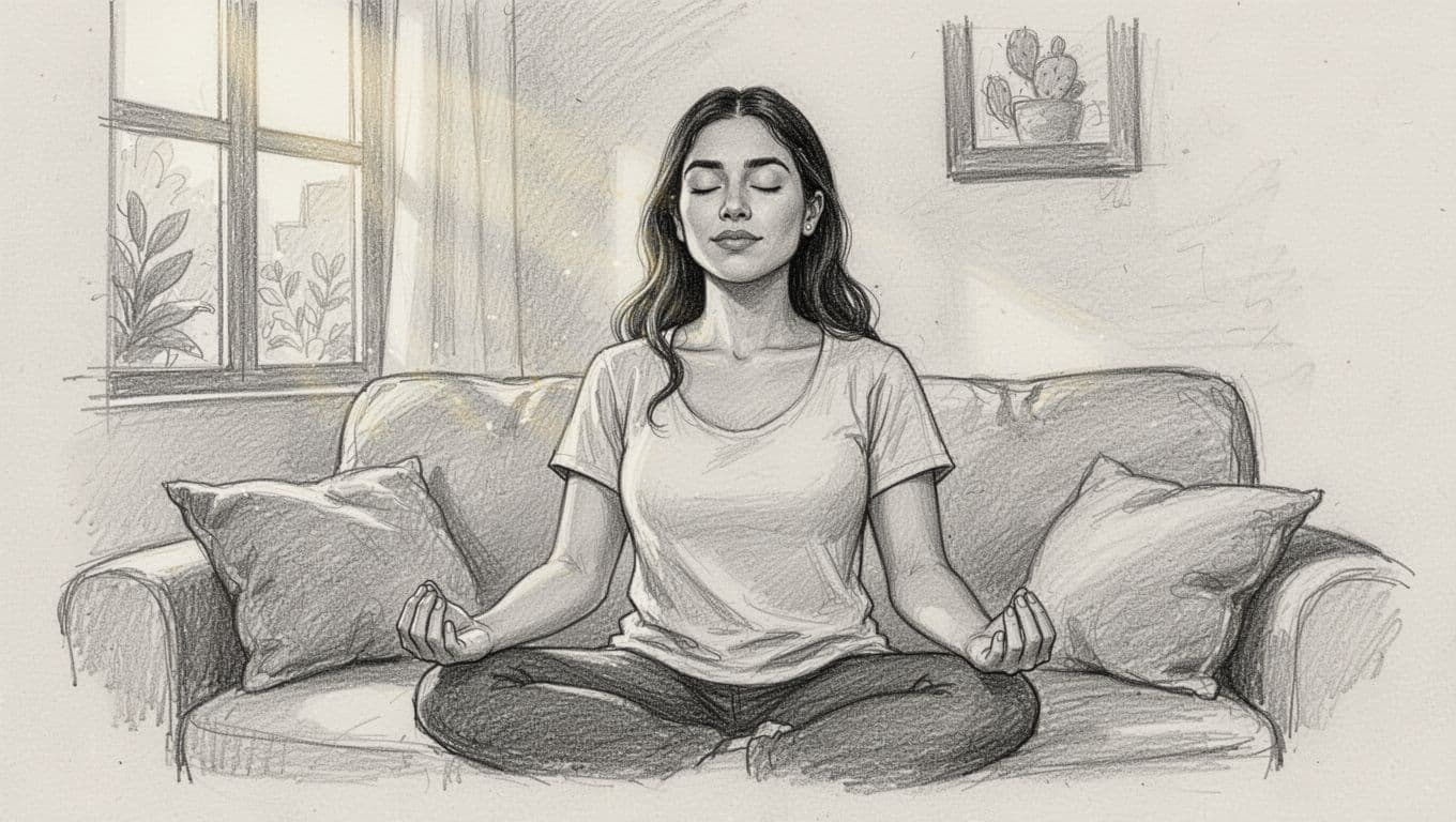 A 30-year-old Latina woman with an empathetic and serene expression sits on a cozy sofa in a Mexican home, practicing a mental detox challenge with eyes closed in light meditation and hands softly in her lap. Hand-drawn graphite sketch with clean lines, minimal shading, and soft neutral tones on a light white paper background.