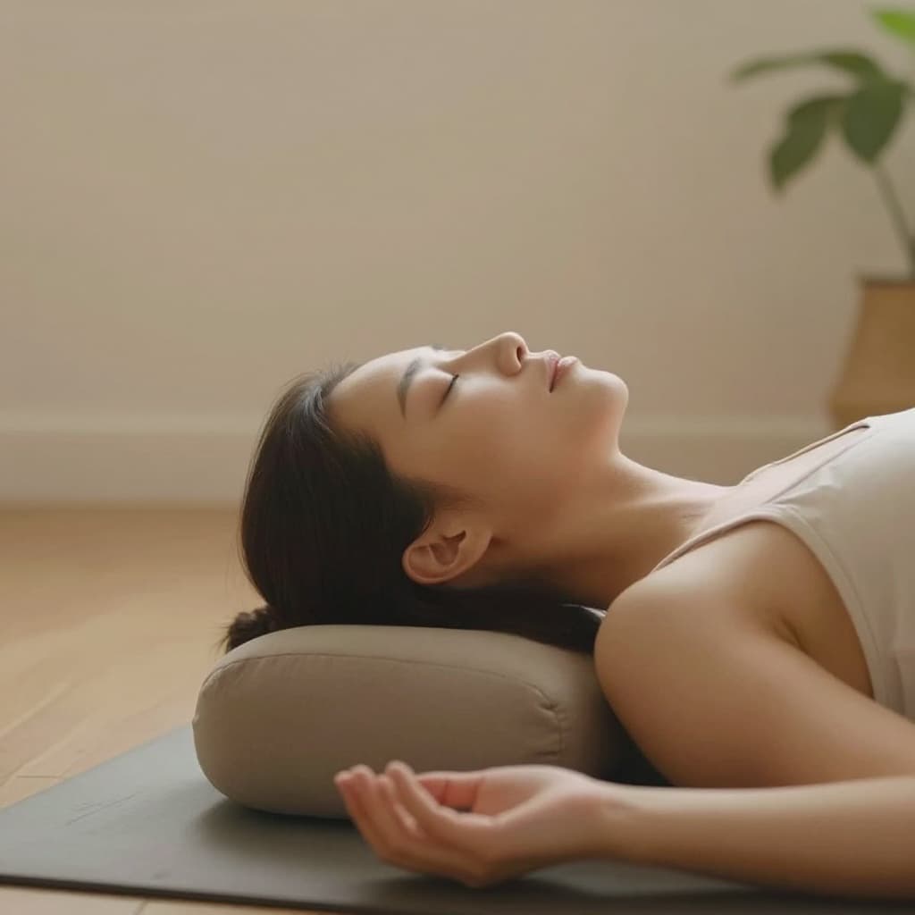 Close-up of a person practicing meditation in a quiet minimalist room with soft lighting, warm tones, and a peaceful expression.