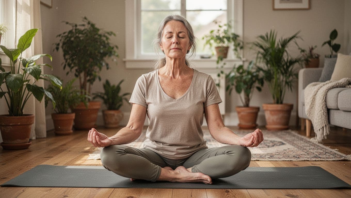 A middle-aged woman sits calmly on a yoga mat in a softly lit living room, eyes closed, hands relaxed on knees, deeply breathing amid potted plants and cozy decor.