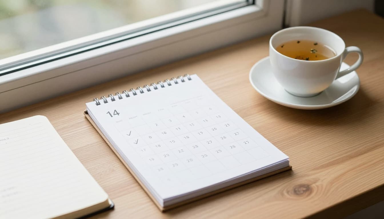 Photorealistic landscape image of a simple 14-day calendar with early checkmarks on a wooden desk, beside a cup of herbal tea and a notebook with breathing notes, illuminated by soft morning light from a window in a calm, minimalist style.