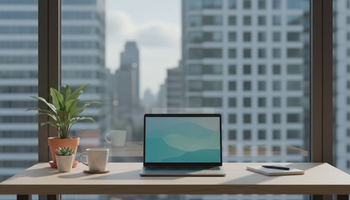 Minimalist startup desk with open laptop, coffee cup, plants, and urban skyline window view, emphasizing a calm, person-free environment for reflection with soft natural lighting in lifestyle photography style.