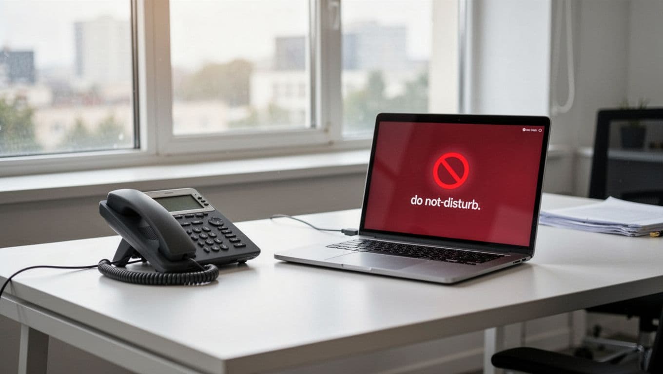 Clean modern office desk with phone and laptop set to do-not-disturb mode, no notifications visible, soft natural light through window, serene atmosphere without people.