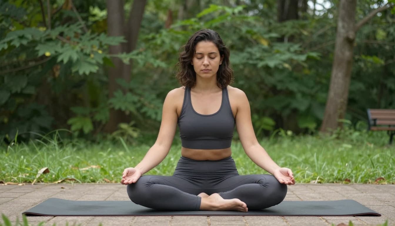 A person practices guided breathing on a sunny park bench with eyes closed and relaxed hands on knees, surrounded by green trees and a quiet path, evoking calm and renewal.