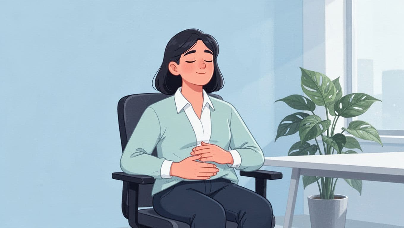 Modern illustration of a young professional in an office chair, eyes closed, hands gently on belly in a mindful breathing pose, relaxed in a serene workspace with a plant, soft pastel colors and calming blues-greens.