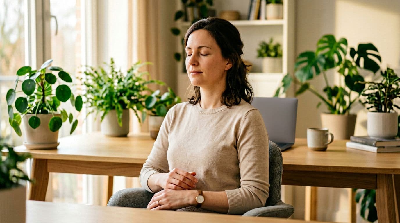 A person sits calmly in an office during a breathing pause, eyes closed, hands in lap, with a serene expression. Simple desk background with plants, realistic style, soft warm lighting, full edge-to-edge composition.