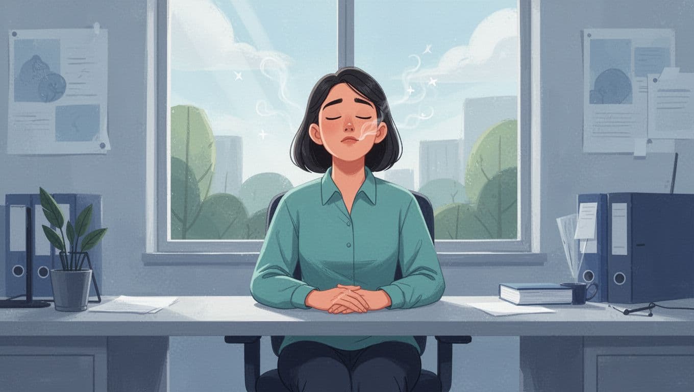 A calm person sits at an office desk with eyes closed, inhaling deeply with relaxed hands in lap and serene expression, natural light from window in background, modern illustration in soft blue-green palette.