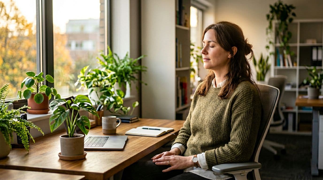 A mid-30s woman office worker sits at her desk with eyes closed, taking a deep breath, hands relaxed on her lap, surrounded by a subtle calm aura, nearby plants, and soft afternoon light through the window in a realistic landscape composition.