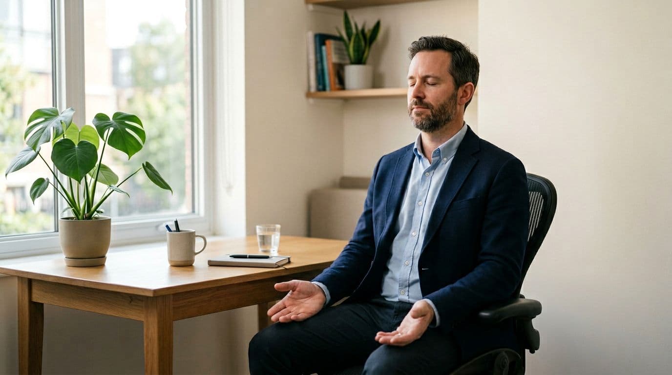 A middle-aged male office worker seated at a desk in a quiet modern workspace, eyes closed practicing structured box breathing with hands relaxed palms up on thighs, serene expression under soft diffused natural light with a plant nearby.