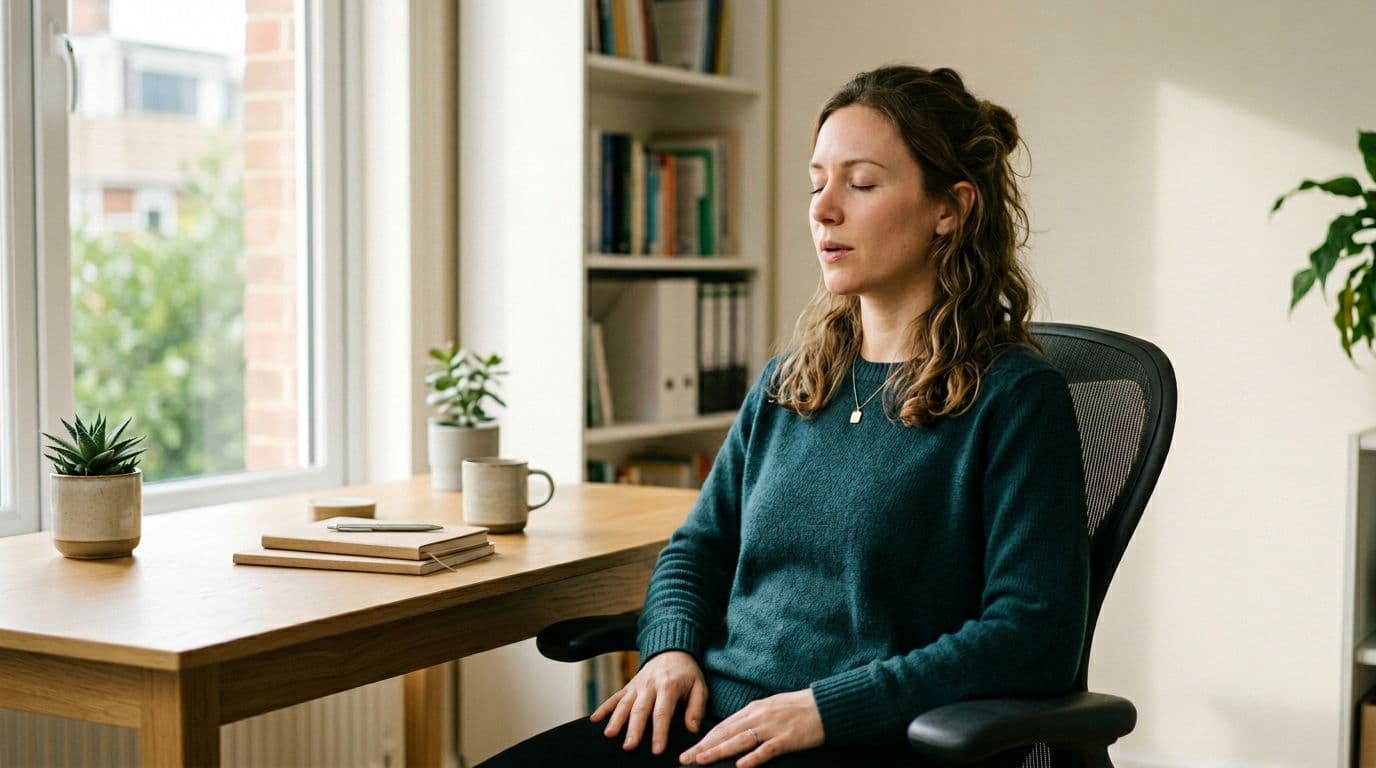 Calm office worker seated at desk with closed eyes and relaxed hands on lap, performing box breathing exercise: inhale for 4 counts, hold, exhale, in serene atmosphere with soft natural light from window.