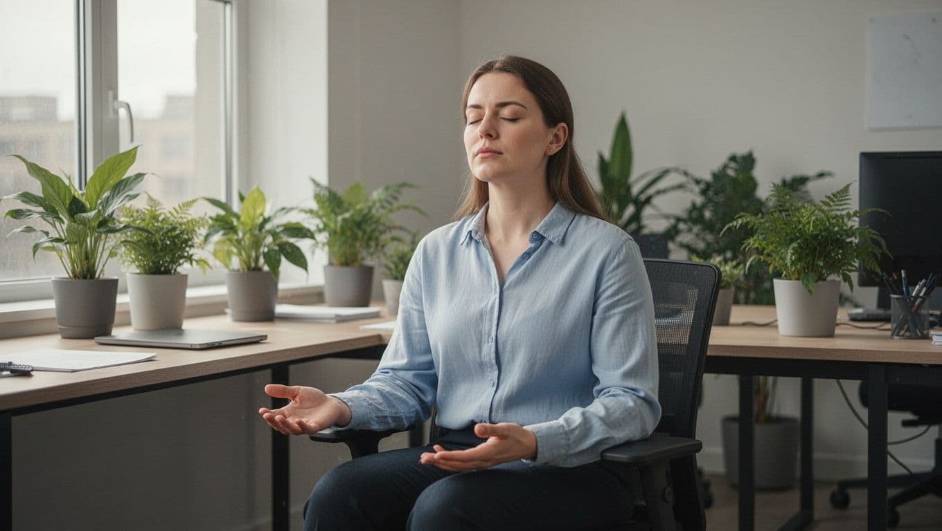 Office worker seated comfortably in a quiet modern workspace, eyes closed with hands relaxed on lap during a guided breathing pause. Soft window light illuminates plants on the desk, creating a calm and focused serene atmosphere in realistic style.